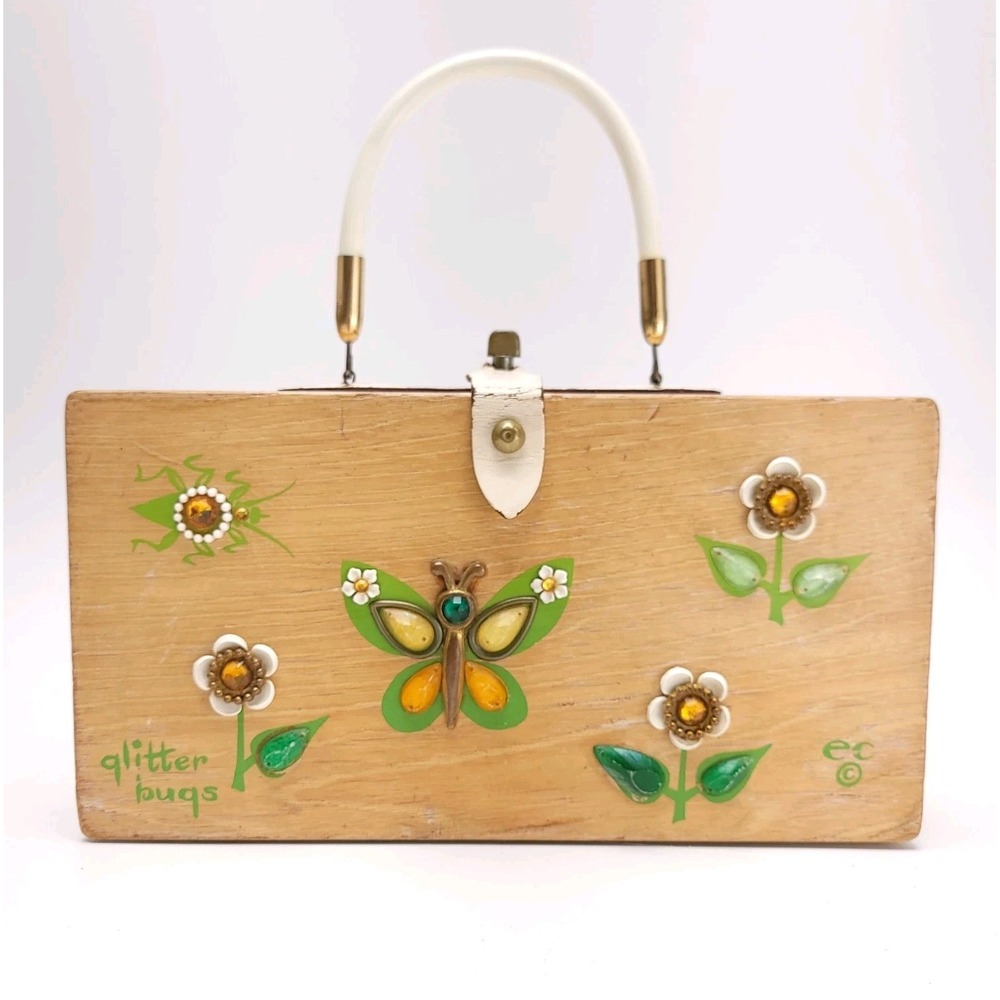 ENID COLLINS Purse 1966‎ Glitter Bugs Butterfly Wooden Box Bag Signed Case